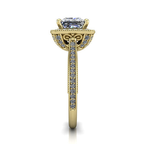 Diana princess-cut halo engagement ring in 18K Yellow Gold, side profile showing the filigree gallery and pave band in side view