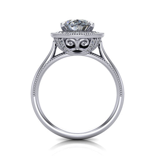 Diana oval halo engagement ring in 18K White Gold, through-finger front profile showing the filigree gallery and halo from the front