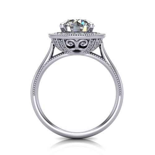 Diana round halo engagement ring in 18K White Gold, through-finger front profile showing the filigree gallery and halo from the front