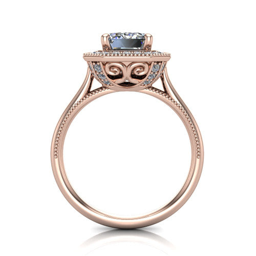 Diana emerald-cut halo engagement ring in 18K Rose Gold, through-finger front profile showing the filigree gallery and halo from the front