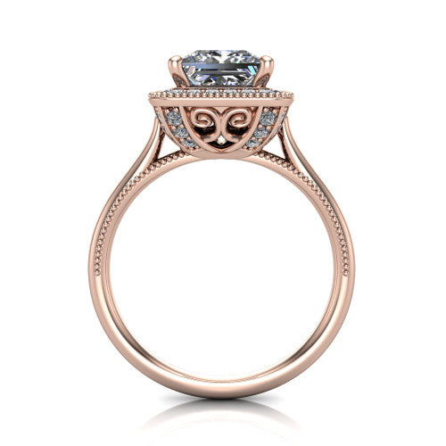 Diana princess-cut halo engagement ring in 14K Rose Gold, through-finger front profile showing the filigree gallery and halo from the front