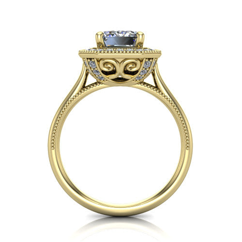 Diana emerald-cut halo engagement ring in 14K Yellow Gold, through-finger front profile showing the filigree gallery and halo from the front
