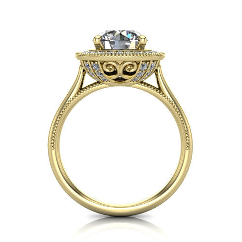 Diana round halo engagement ring in 14K Yellow Gold, through-finger front profile showing the filigree gallery and halo from the front