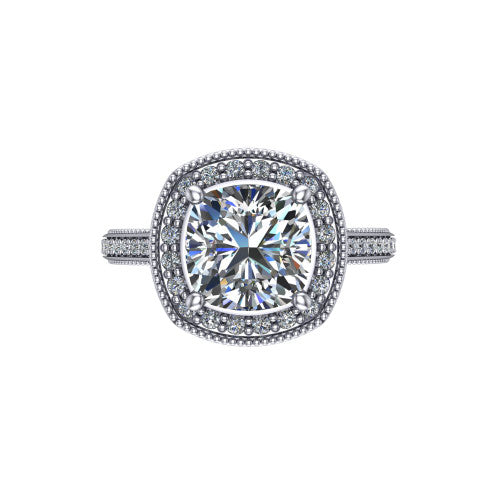Diana cushion halo engagement ring in 18K White Gold, top-down view showing the cushion center diamond and milgrain halo from above