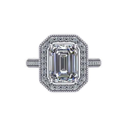 Diana emerald-cut halo engagement ring in 18K White Gold, top-down view showing the emerald-cut center diamond and milgrain halo from above
