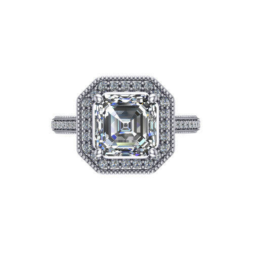 Diana square emerald-cut halo engagement ring in Platinum, top-down view showing the square emerald-cut center diamond and milgrain halo from above