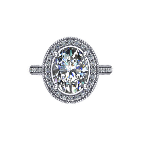 Diana oval halo engagement ring in 18K White Gold, top-down view showing the oval center diamond and milgrain halo from above