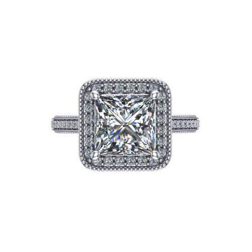 Diana princess-cut halo engagement ring in Platinum, top-down view showing the princess-cut center diamond and milgrain halo from above
