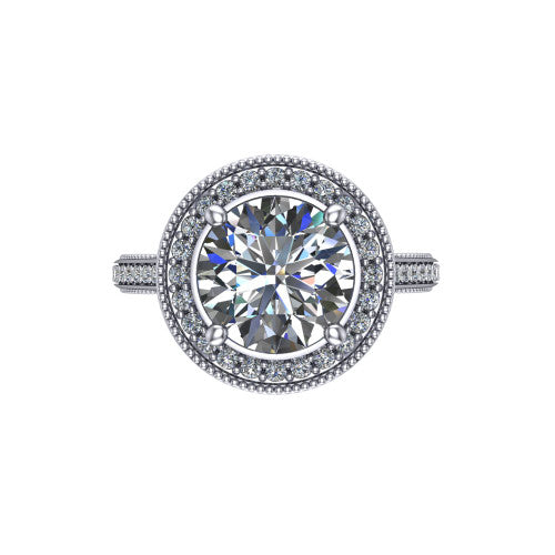 Diana round halo engagement ring in 18K White Gold, top-down view showing the round center diamond and milgrain halo from above