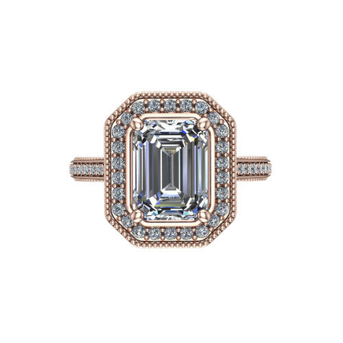 Diana emerald-cut halo engagement ring in 18K Rose Gold, top-down view showing the emerald-cut center diamond and milgrain halo from above