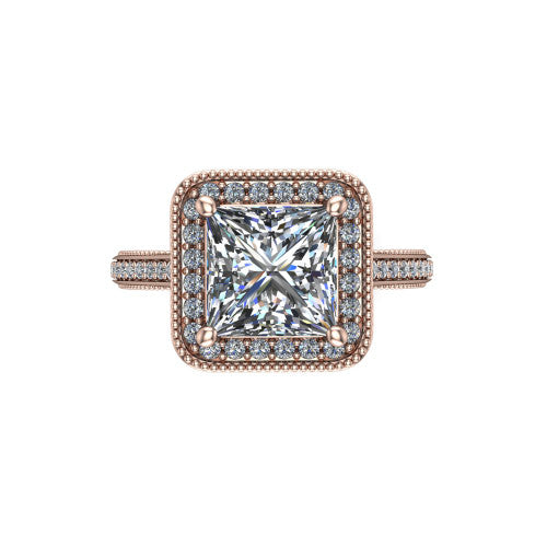 Diana princess-cut halo engagement ring in 14K Rose Gold, top-down view showing the princess-cut center diamond and milgrain halo from above