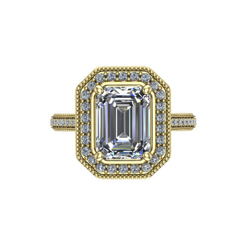 Diana emerald-cut halo engagement ring in 14K Yellow Gold, top-down view showing the emerald-cut center diamond and milgrain halo from above