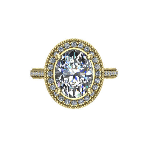 Diana oval halo engagement ring in 14K Yellow Gold, top-down view showing the oval center diamond and milgrain halo from above
