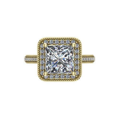 Diana princess-cut halo engagement ring in 18K Yellow Gold, top-down view showing the princess-cut center diamond and milgrain halo from above