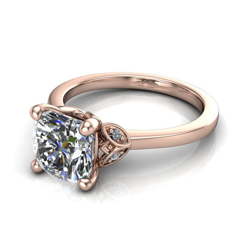 Lola cushion solitaire engagement ring in 18K Rose Gold, three-quarter perspective showing the cushion center diamond above a polished band