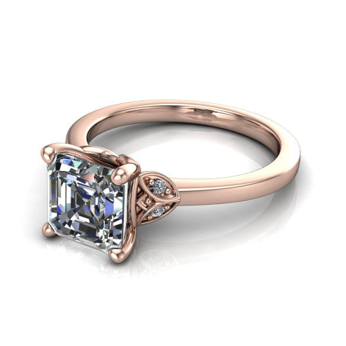 Lola square emerald solitaire engagement ring in 18K Rose Gold, three-quarter perspective showing the square emerald center diamond above a polished band
