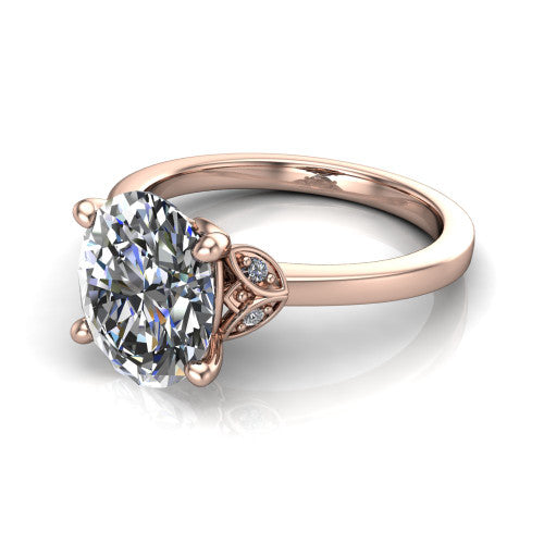 Lola oval solitaire engagement ring in 18K Rose Gold, three-quarter perspective showing the oval center diamond above a polished band