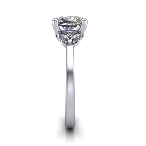 Lola cushion solitaire engagement ring in 14K White Gold, side profile showing the petal basket and polished band