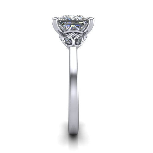 Lola princess solitaire engagement ring in 18K White Gold, side profile showing the petal basket and polished band