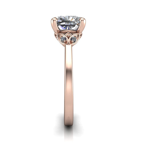 Lola cushion solitaire engagement ring in 14K Rose Gold, side profile showing the petal basket and polished band