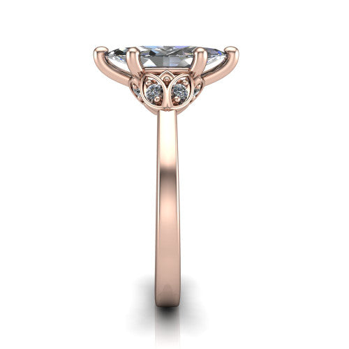 Lola marquise solitaire engagement ring in 18K Rose Gold, side profile showing the petal basket and polished band