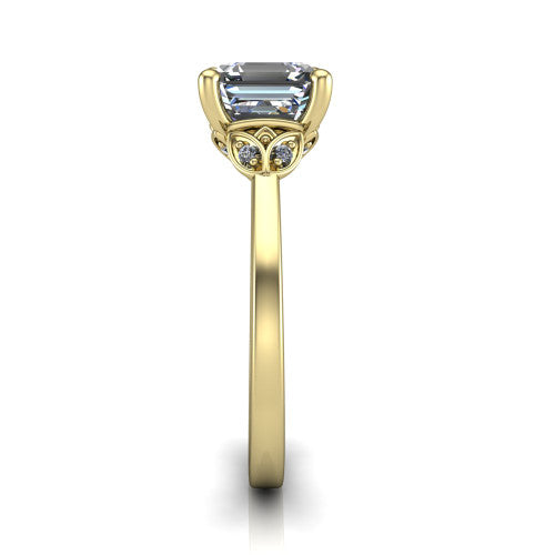 Lola square emerald solitaire engagement ring in 14K Yellow Gold, side profile showing the petal basket and polished band