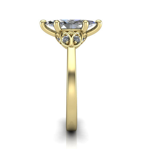 Lola marquise solitaire engagement ring in 14K Yellow Gold, side profile showing the petal basket and polished band