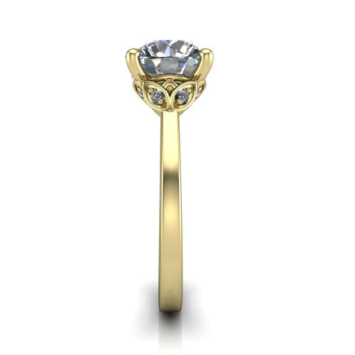 Lola round solitaire engagement ring in 18K Yellow Gold, side profile showing the petal basket and polished band