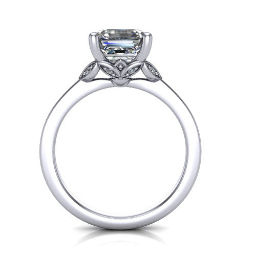 Lola square emerald solitaire engagement ring in 18K White Gold, through-finger front profile showing the petal-design basket