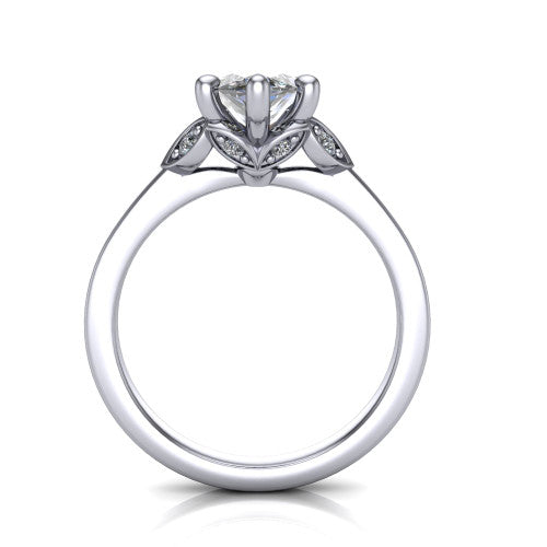 Lola marquise solitaire engagement ring in Platinum, through-finger front profile showing the petal-design basket