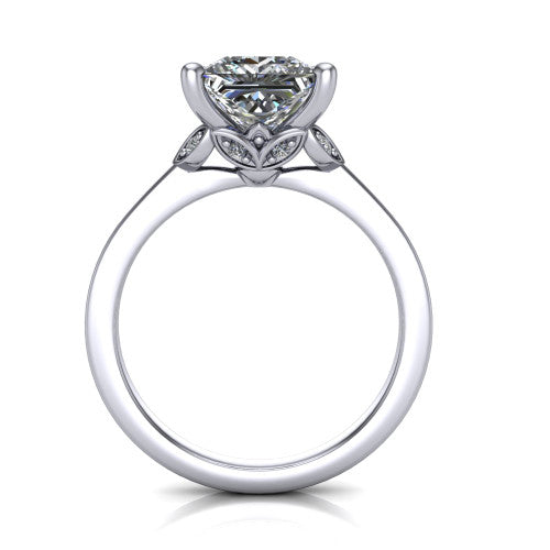 Lola princess solitaire engagement ring in 18K White Gold, through-finger front profile showing the petal-design basket