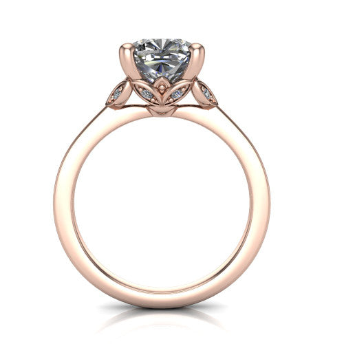 Lola cushion solitaire engagement ring in 14K Rose Gold, through-finger front profile showing the petal-design basket