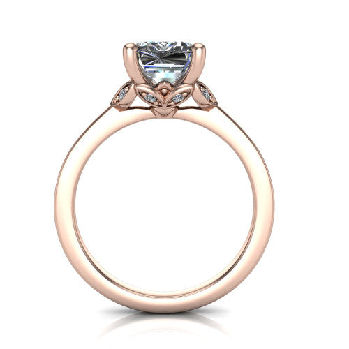 Lola emerald solitaire engagement ring in 14K Rose Gold, through-finger front profile showing the petal-design basket