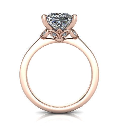 Lola princess solitaire engagement ring in 14K Rose Gold, through-finger front profile showing the petal-design basket