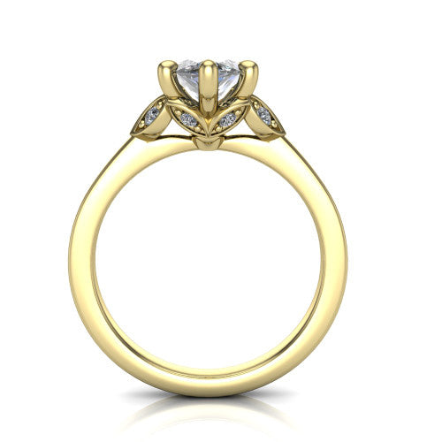 Lola marquise solitaire engagement ring in 18K Yellow Gold, through-finger front profile showing the petal-design basket