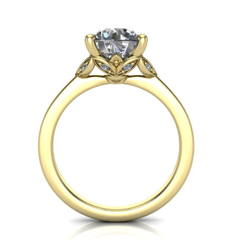 Lola round solitaire engagement ring in 18K Yellow Gold, through-finger front profile showing the petal-design basket