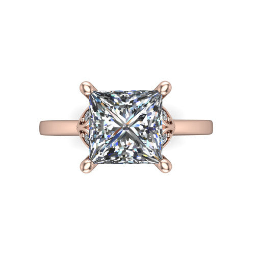 Lola princess solitaire engagement ring in 14K Rose Gold, top-down view showing the four-prong princess center diamond
