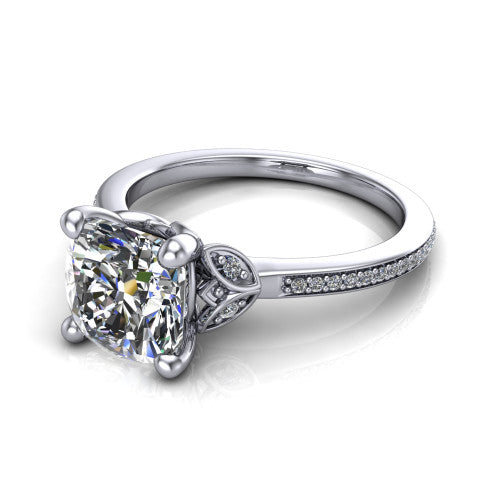 Lena cushion solitaire engagement ring in 14K White Gold, three-quarter perspective showing the cushion center diamond above a pave band