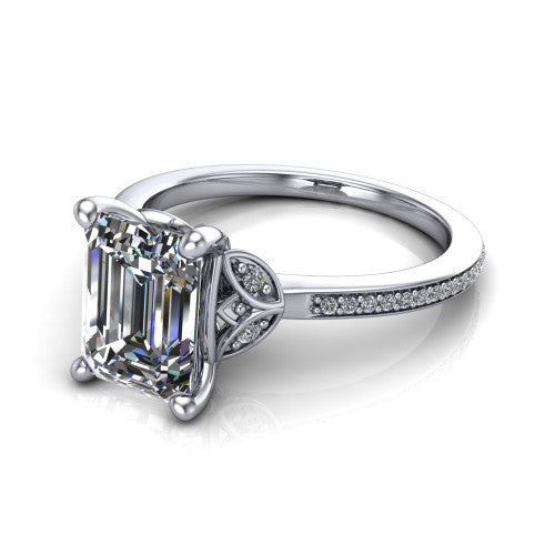Lena emerald solitaire engagement ring in 18K White Gold, three-quarter perspective showing the emerald center diamond above a pave band