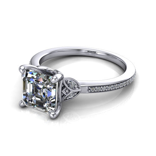 Lena square emerald solitaire engagement ring in Platinum, three-quarter perspective showing the square emerald center diamond above a pave band