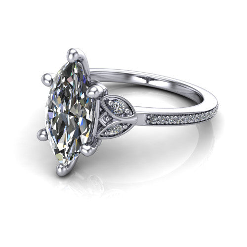 Lena marquise solitaire engagement ring in 14K White Gold, three-quarter perspective showing the marquise center diamond above a pave band