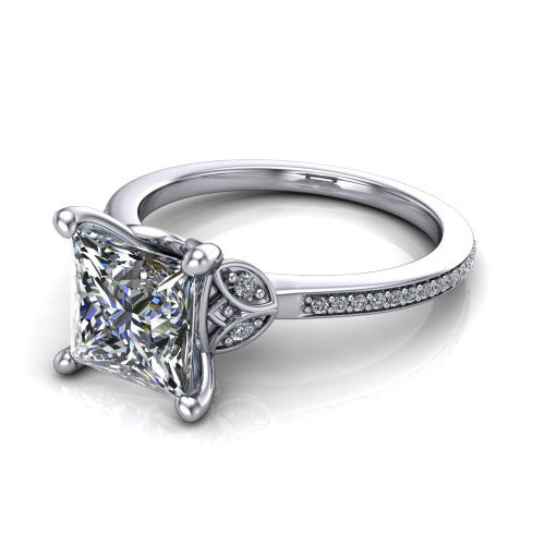 Lena princess solitaire engagement ring in Platinum, three-quarter perspective showing the princess center diamond above a pave band