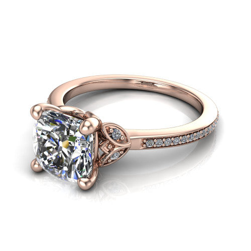 Lena cushion solitaire engagement ring in 14K Rose Gold, three-quarter perspective showing the cushion center diamond above a pave band