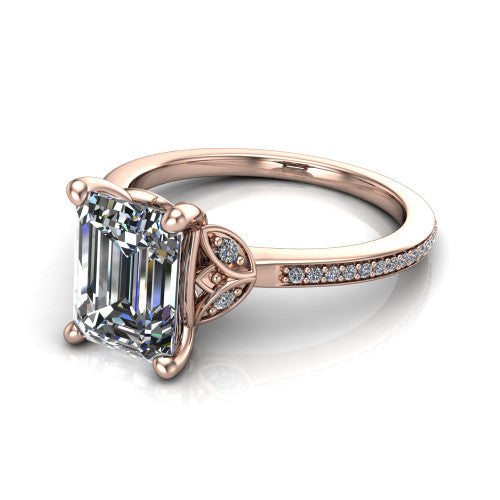 Lena emerald solitaire engagement ring in 14K Rose Gold, three-quarter perspective showing the emerald center diamond above a pave band