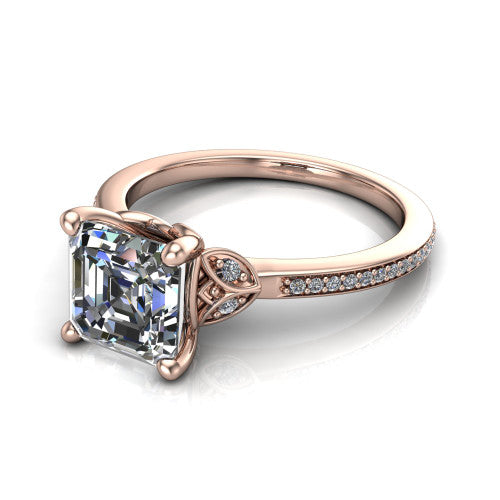 Lena square emerald solitaire engagement ring in 14K Rose Gold, three-quarter perspective showing the square emerald center diamond above a pave band