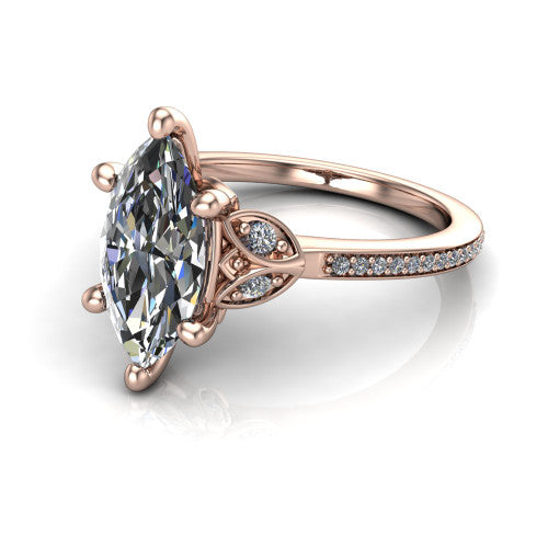 Lena marquise solitaire engagement ring in 14K Rose Gold, three-quarter perspective showing the marquise center diamond above a pave band