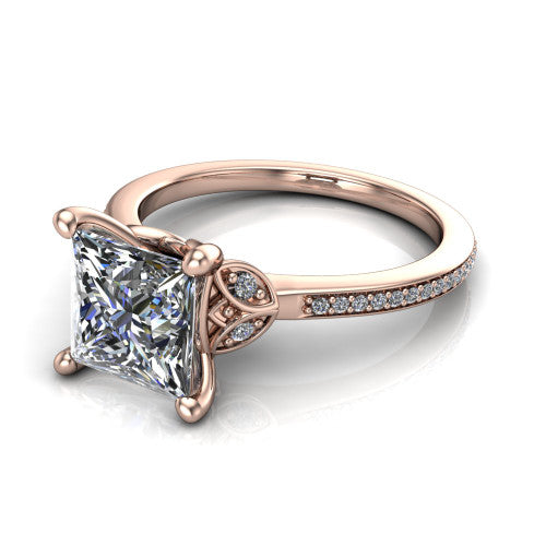 Lena princess solitaire engagement ring in 14K Rose Gold, three-quarter perspective showing the princess center diamond above a pave band