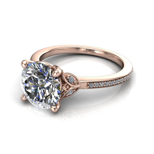 Lena round solitaire engagement ring in 14K Rose Gold, three-quarter perspective showing the round center diamond above a pave band