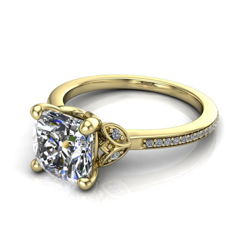Lena cushion solitaire engagement ring in 14K Yellow Gold, three-quarter perspective showing the cushion center diamond above a pave band