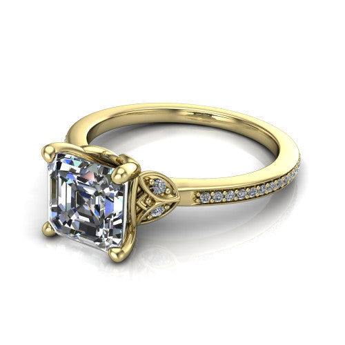 Lena square emerald solitaire engagement ring in 14K Yellow Gold, three-quarter perspective showing the square emerald center diamond above a pave band